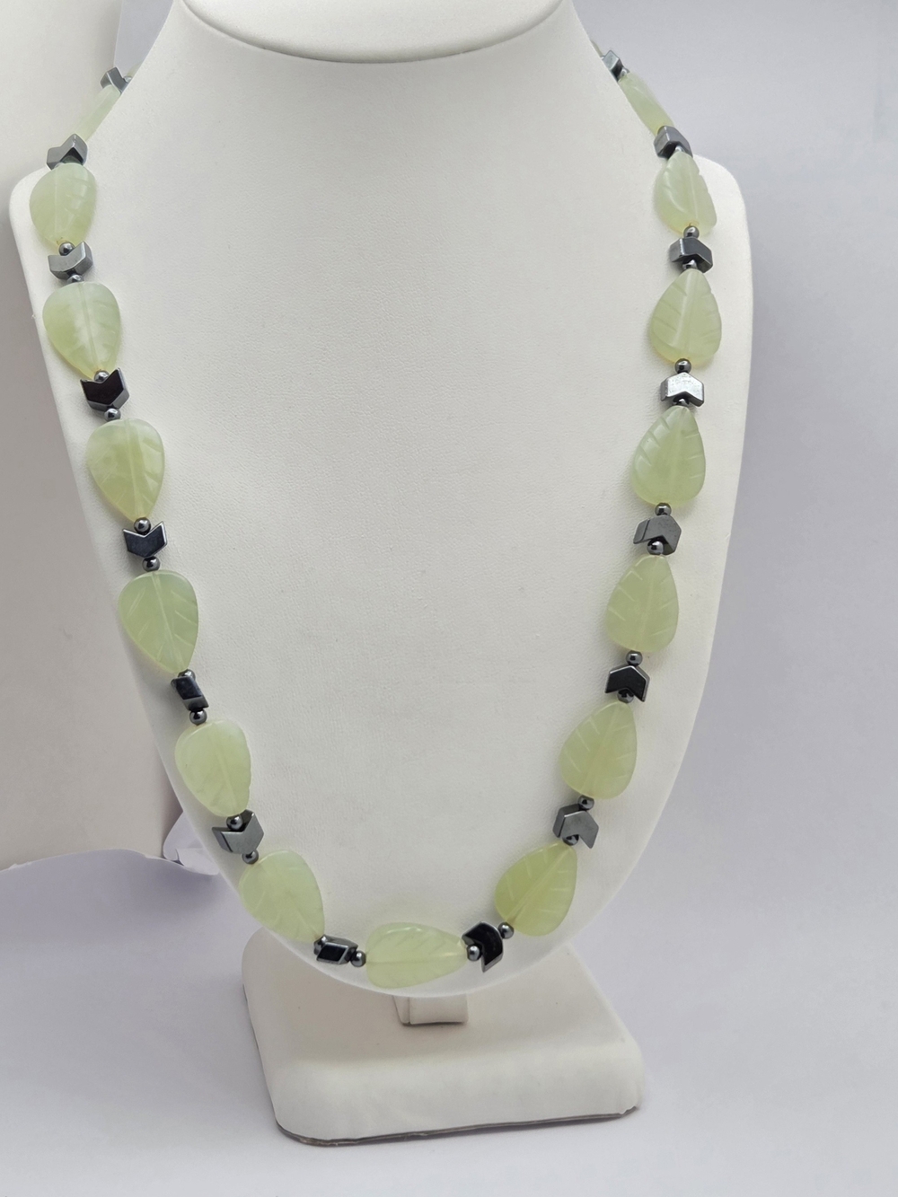 Carved Light Green Leaf Bead Necklace Hematite Accents 23"